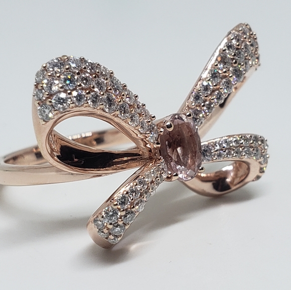 AAA Natural Pink Morganite & Pave Set Moissanite Bow Ring in 18k Rose Gold over - Picture 2 of 10